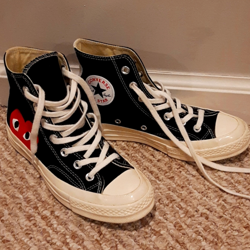 High Top Strange Love Black Converse, Size 7 in women's, Size 5 in men's.